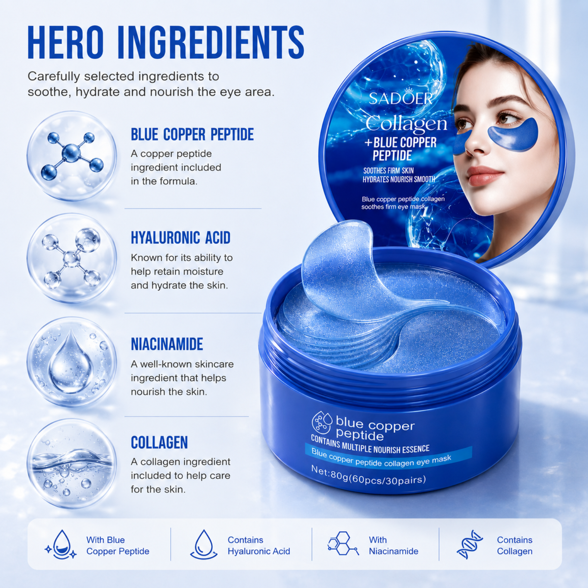 Blue Copper Peptide & Collagen - Hydrogel Under Eye Patches - 60pcs
